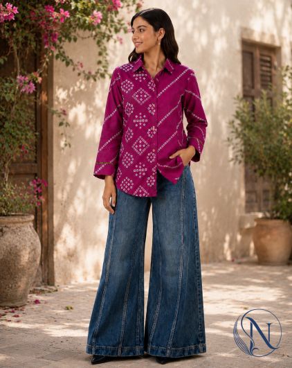 Nefioraa Women's Magenta Bandhani Print Shirt with Artistic Back Panel.