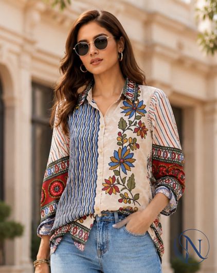 Nefioraa Women's Multicolor Floral Printed Natural Crepe Shirt | Premium Relaxed Fit Casual, Office & Resort Wear