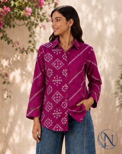 Nefioraa Women's Magenta Bandhani Print Shirt with Artistic Back Panel.