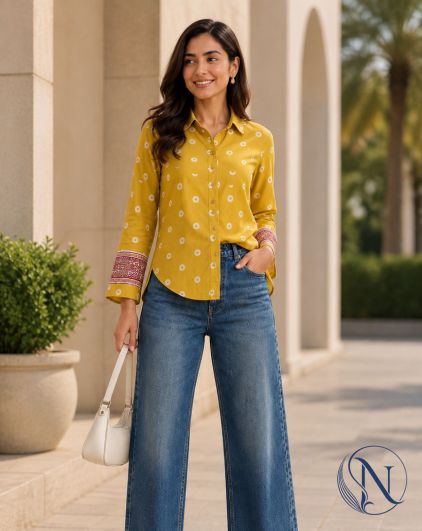 Nefioraa Women's Mustard Yellow Floral Printed Shirt with Artistic Back Panel