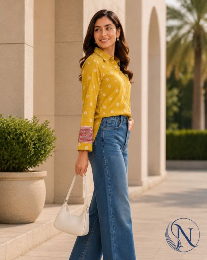 Nefioraa Women's Mustard Yellow Floral Printed Shirt with Artistic Back Panel
