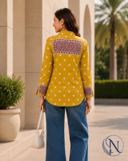 Nefioraa Women's Mustard Yellow Floral Printed Shirt with Artistic Back Panel