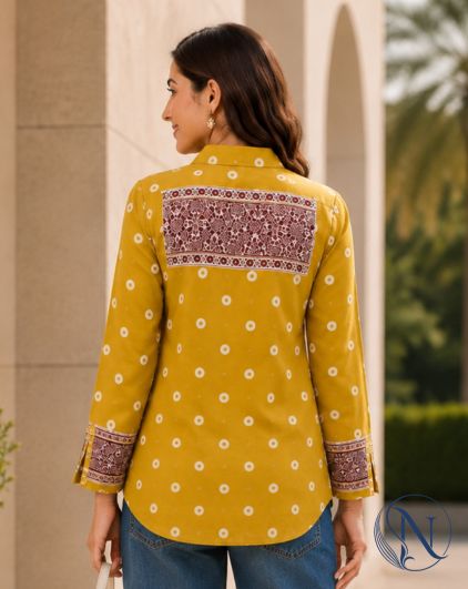 Nefioraa Women's Mustard Yellow Floral Printed Shirt with Artistic Back Panel