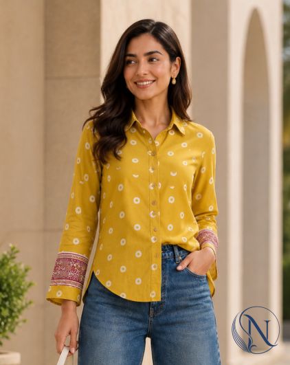 Nefioraa Women's Mustard Yellow Floral Printed Shirt with Artistic Back Panel