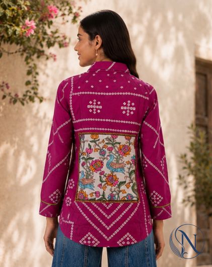 Nefioraa Women's Magenta Bandhani Print Shirt with Artistic Back Panel.