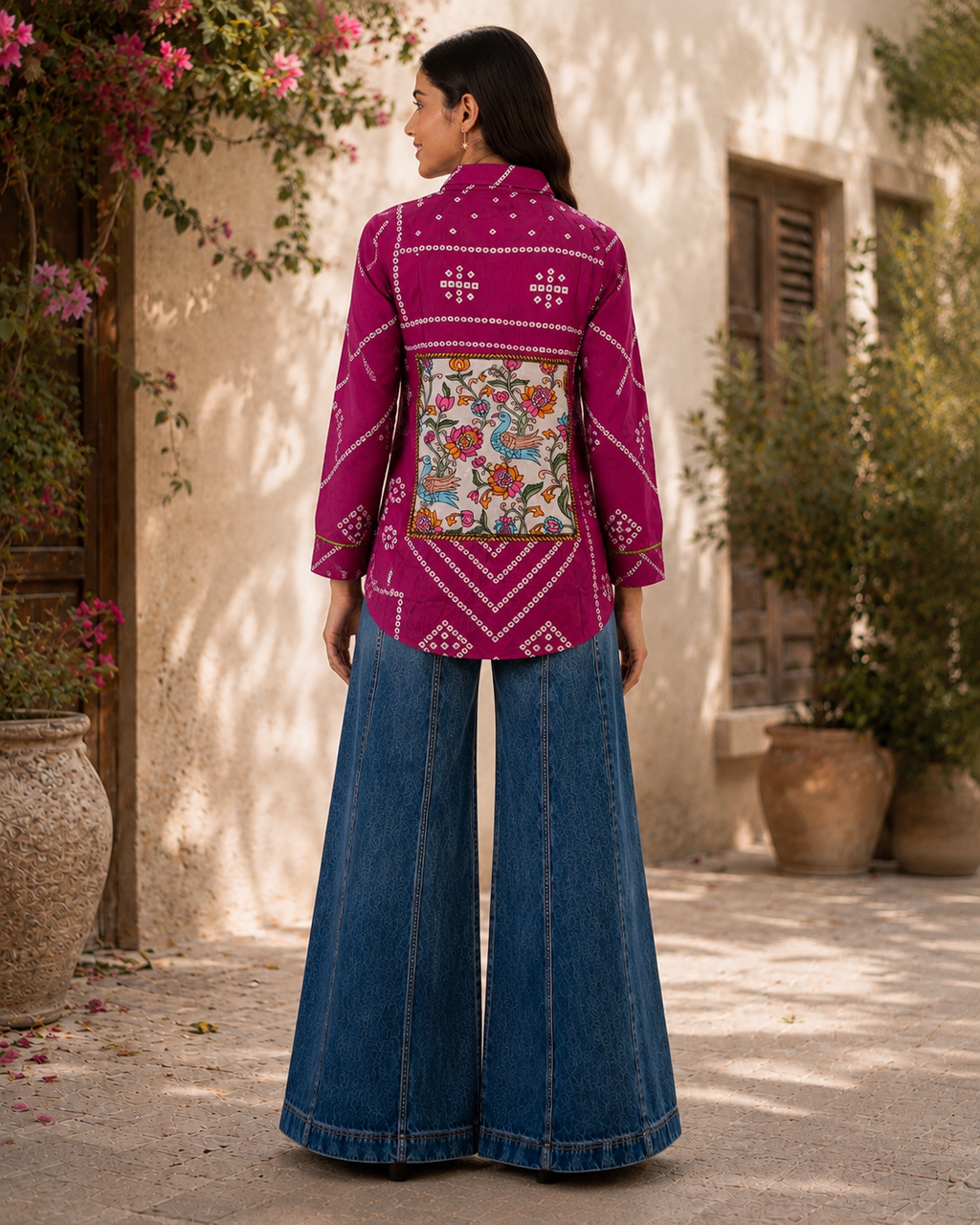 Nefioraa Women's Magenta Bandhani Print Shirt with Artistic Back Panel.