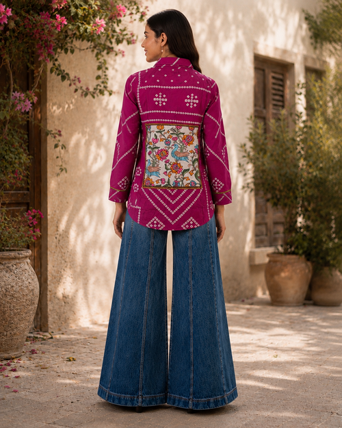 Nefioraa Women's Magenta Bandhani Print Shirt with Artistic Back Panel.
