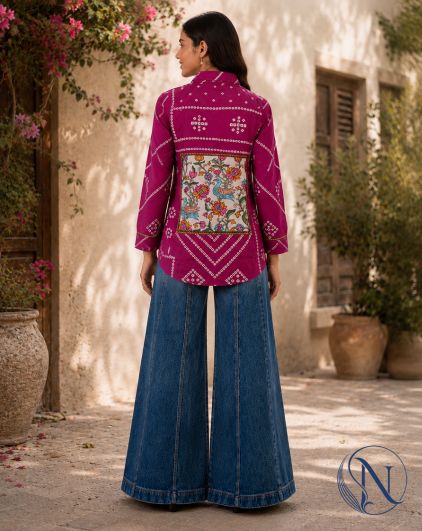 Nefioraa Women's Magenta Bandhani Print Shirt with Artistic Back Panel.