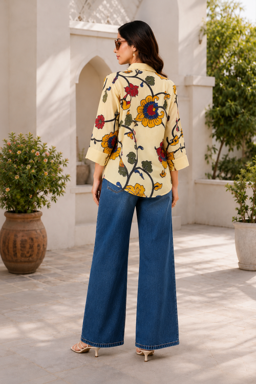 Nefioraa Women's Ivory Floral Printed Cotton Shirt