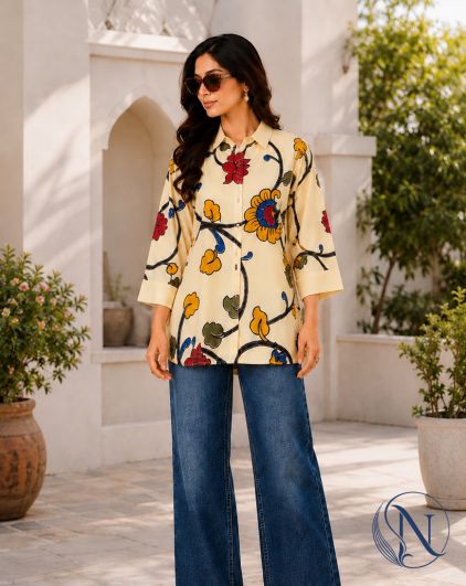 Nefioraa Women's Ivory Floral Printed Cotton Shirt