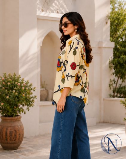 Nefioraa Women's Ivory Floral Printed Cotton Shirt