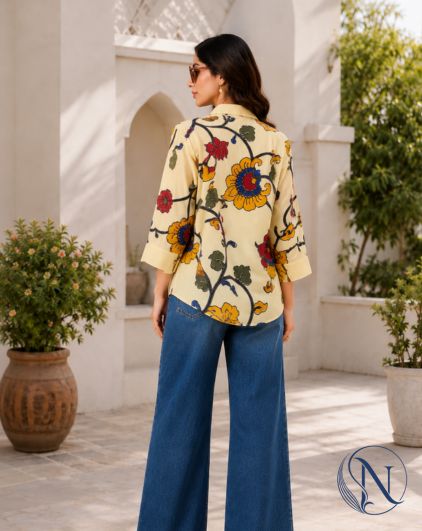 Nefioraa Women's Ivory Floral Printed Cotton Shirt