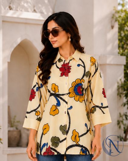 Nefioraa Women's Ivory Floral Printed Cotton Shirt