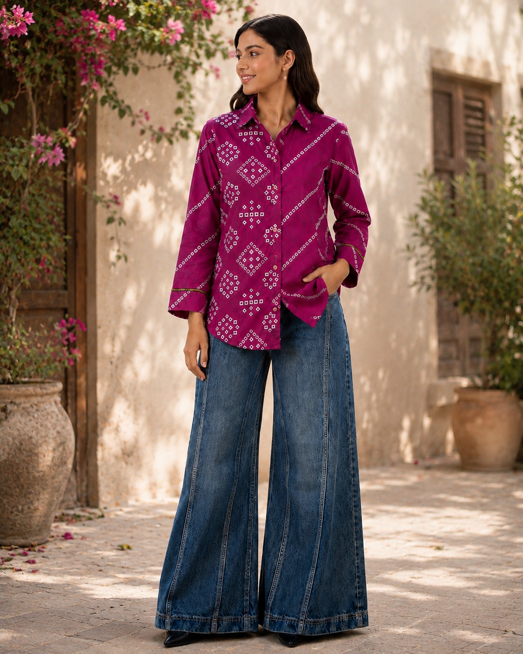 Nefioraa Women's Magenta Bandhani Print Shirt with Artistic Back Panel.
