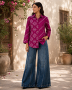 Nefioraa Women's Magenta Bandhani Print Shirt with Artistic Back Panel.