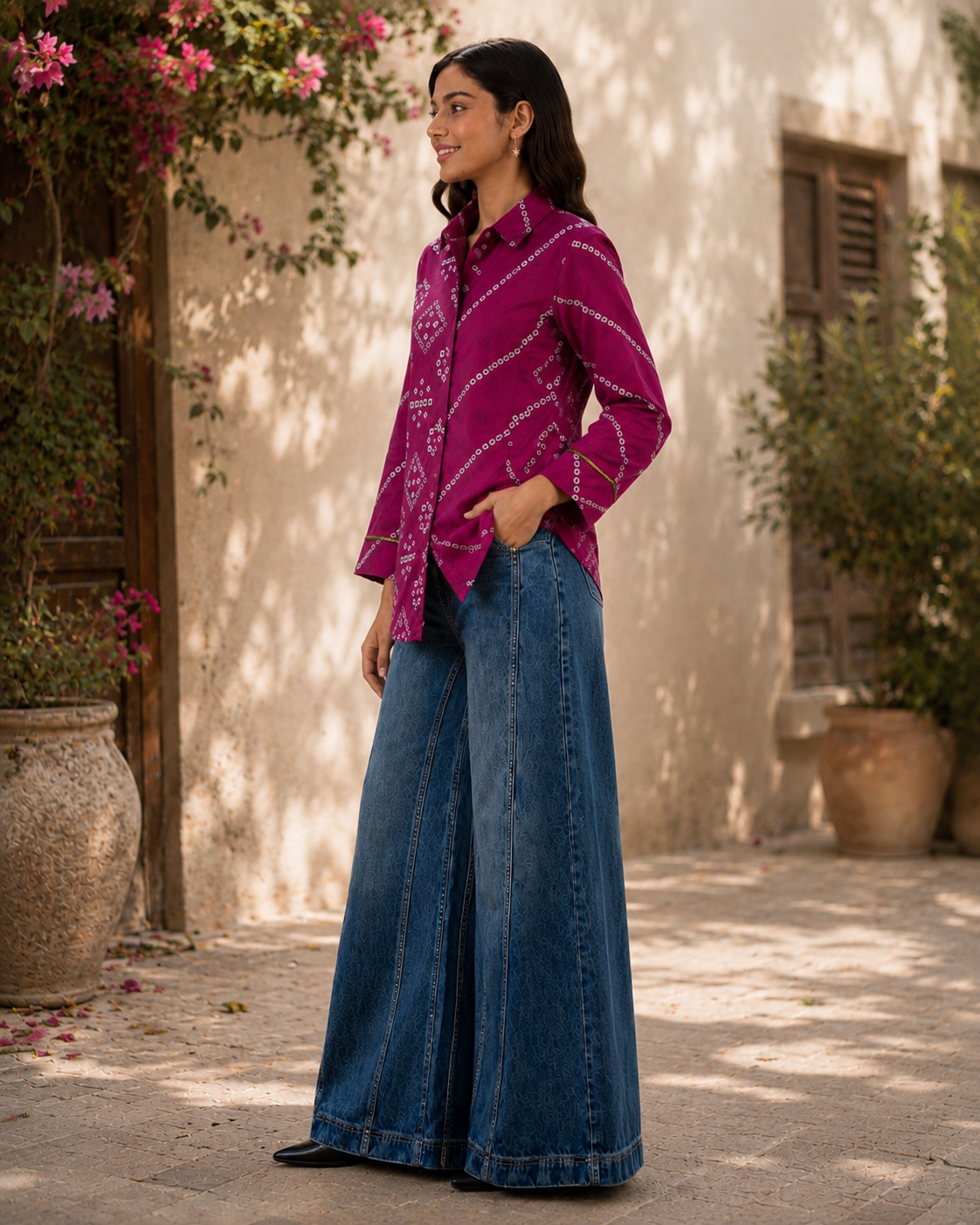 Nefioraa Women's Magenta Bandhani Print Shirt with Artistic Back Panel.